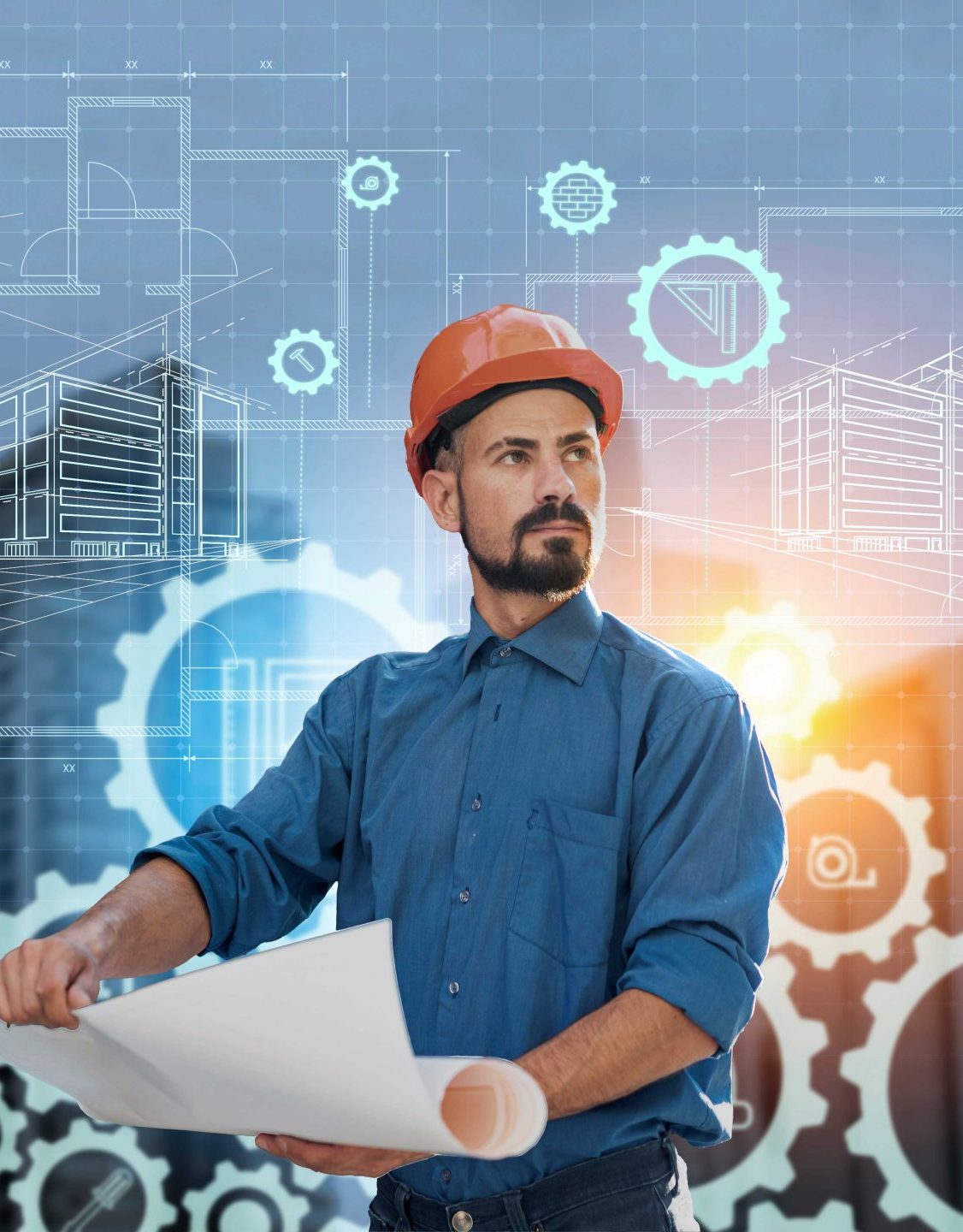 Bauleiter mit Bauplan, im Hintergrund digitale Grundrisse und Zahnräder – CAD-Dienstleistung