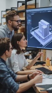 vom-anwender-zum-bim-koordinator-weiterbildung-team Drei Teilnehmende besprechen ein 3D-Gebäudemodell am Bildschirm – praxisnahe BIM Schulung