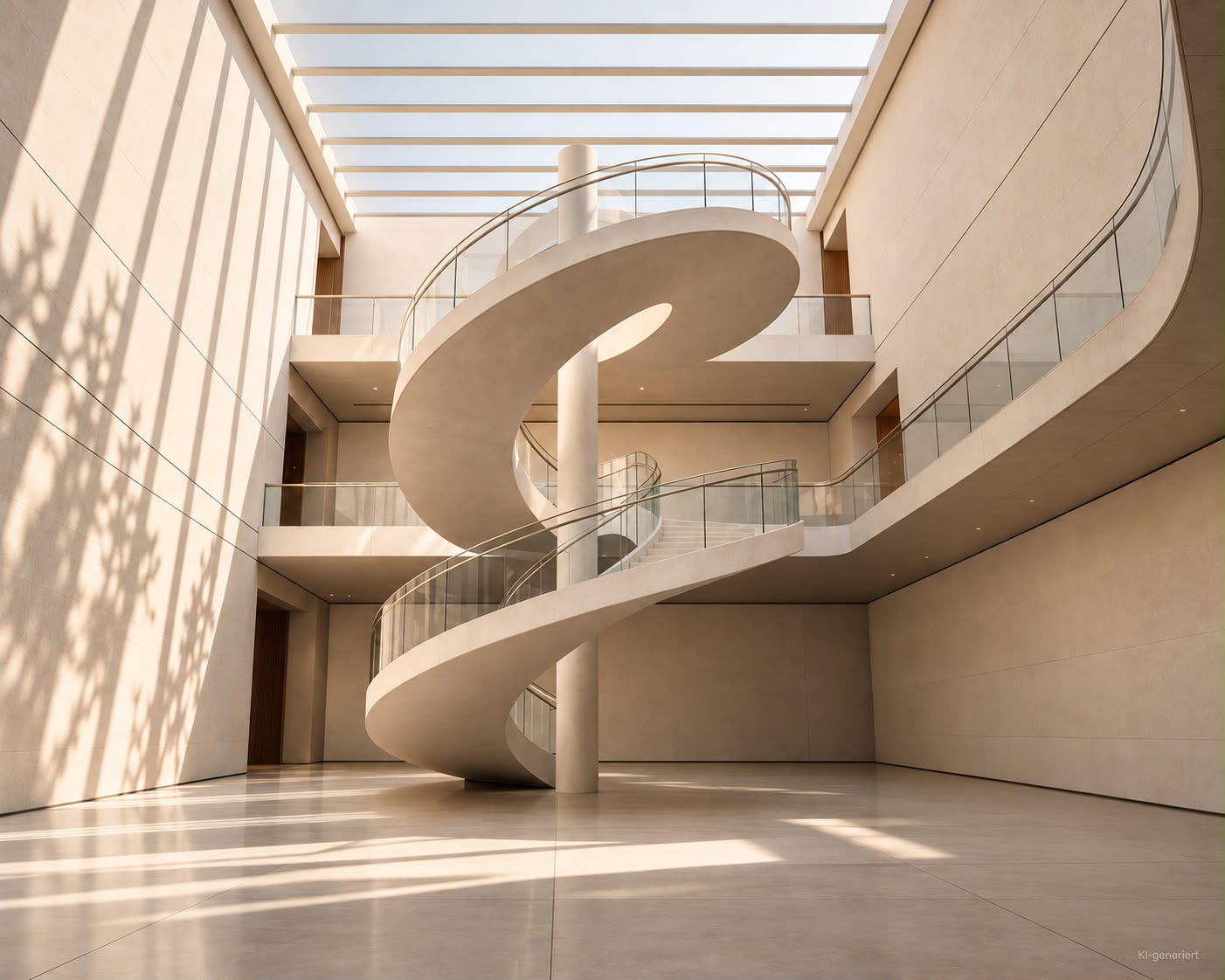 Modernes Foyer mit gewundener Treppe und Glasdach im minimalistischen Design.