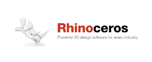 Das Logo der 3D-Designsoftware Rhinoceros mit einem stilisierten Nashornkopf und dem Schriftzug auf weißem Grund.