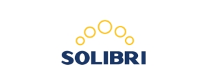 Das Firmenlogo von Solibri mit dunkelblauem Schriftzug und fünf gelben Kreisen in einem Bogen darüber.